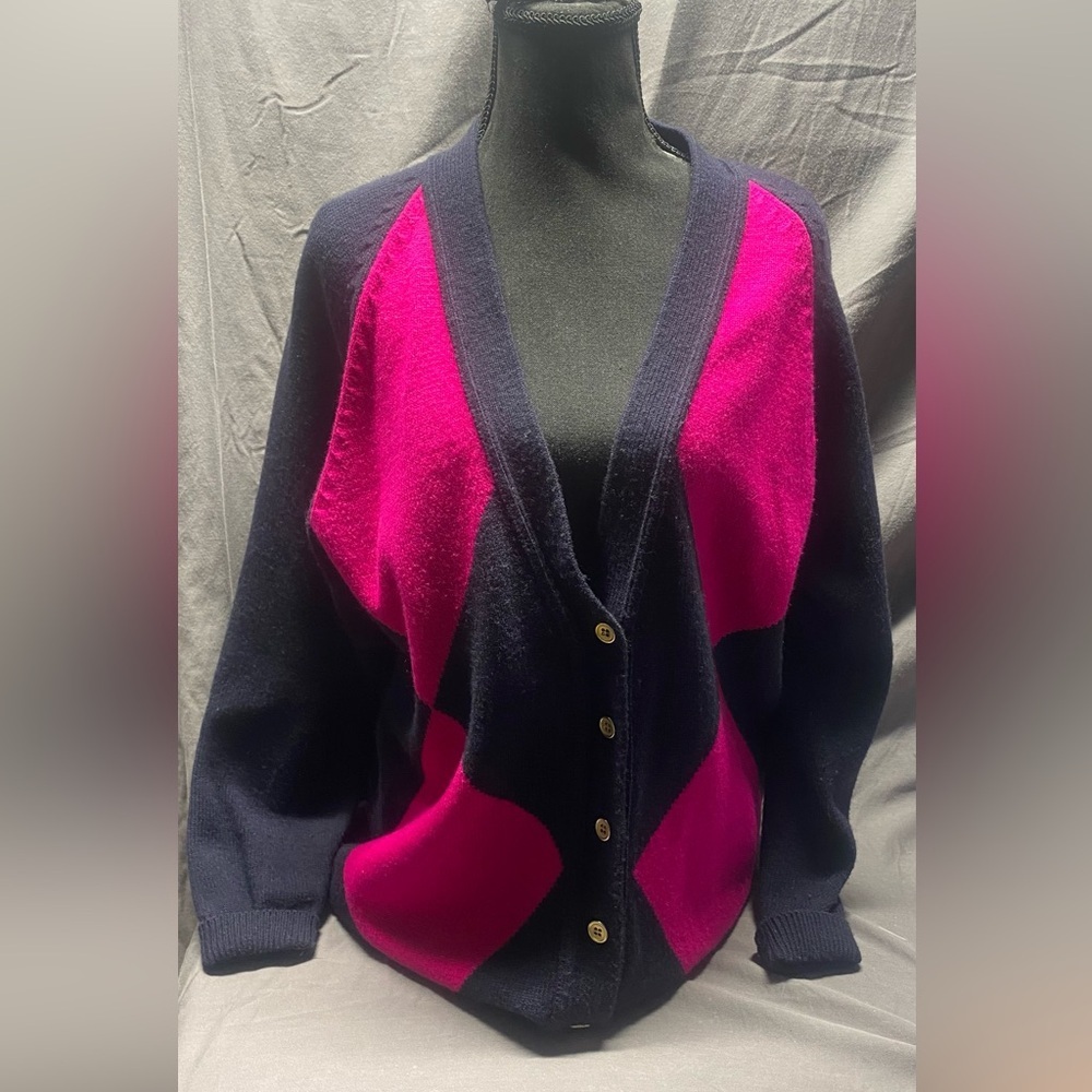 Vintage Jones New York 80’s Pink Wool Blend Argyle Grandpa Cardigan Women's S - Picture 4 of 6